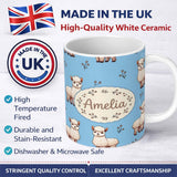 Personalized Custom Name Cute Alpaca Llama Pattern with Floral Sprigs on Bright Blue Lovely 11oz Ceramic Coffee Tea Mug White Large Handle