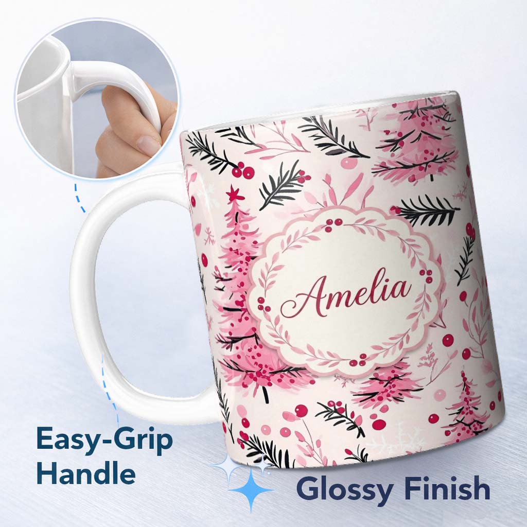 Personalized Custom Name Watercolor Pink Christmas Tree Berry Branch Seamless Pattern Lovely 11oz Ceramic Coffee Tea Mug White Large Handle