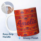 Personalized Custom Name Cute Red Orange Knitted Heart Nordic Warm Festive Seamless Pattern 11oz Ceramic Coffee Tea Mug White Large Handle