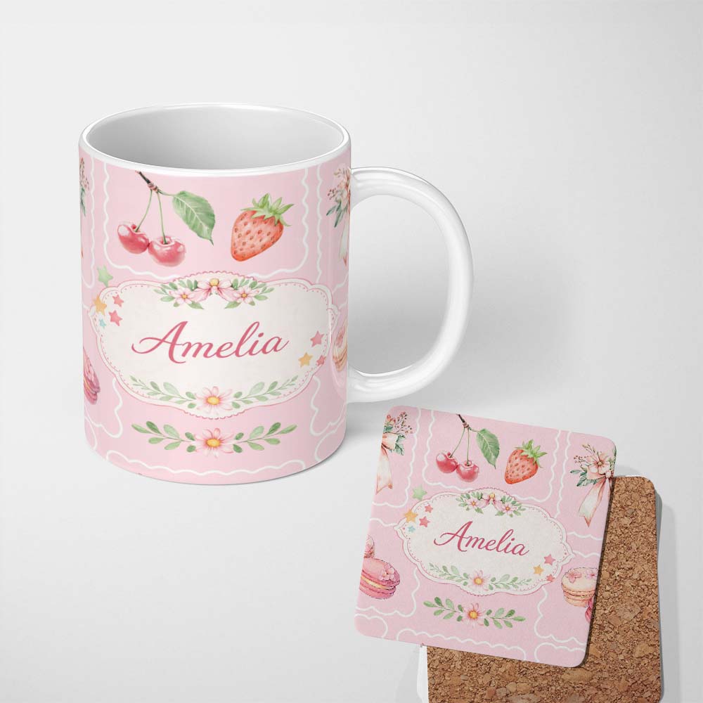Personalized Custom Name Strawberry Cherry Bow Seamless Pattern Pink Frame Cute Coquette 11oz Ceramic Coffee Tea Mug White Large Handle