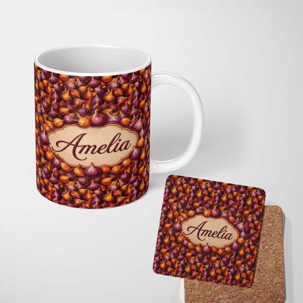 Personalized Custom Name Rich Onion Harvest Seamless Pattern Deep Red and Gold Rustic Style 11oz Ceramic Coffee Tea Mug White Large Handle