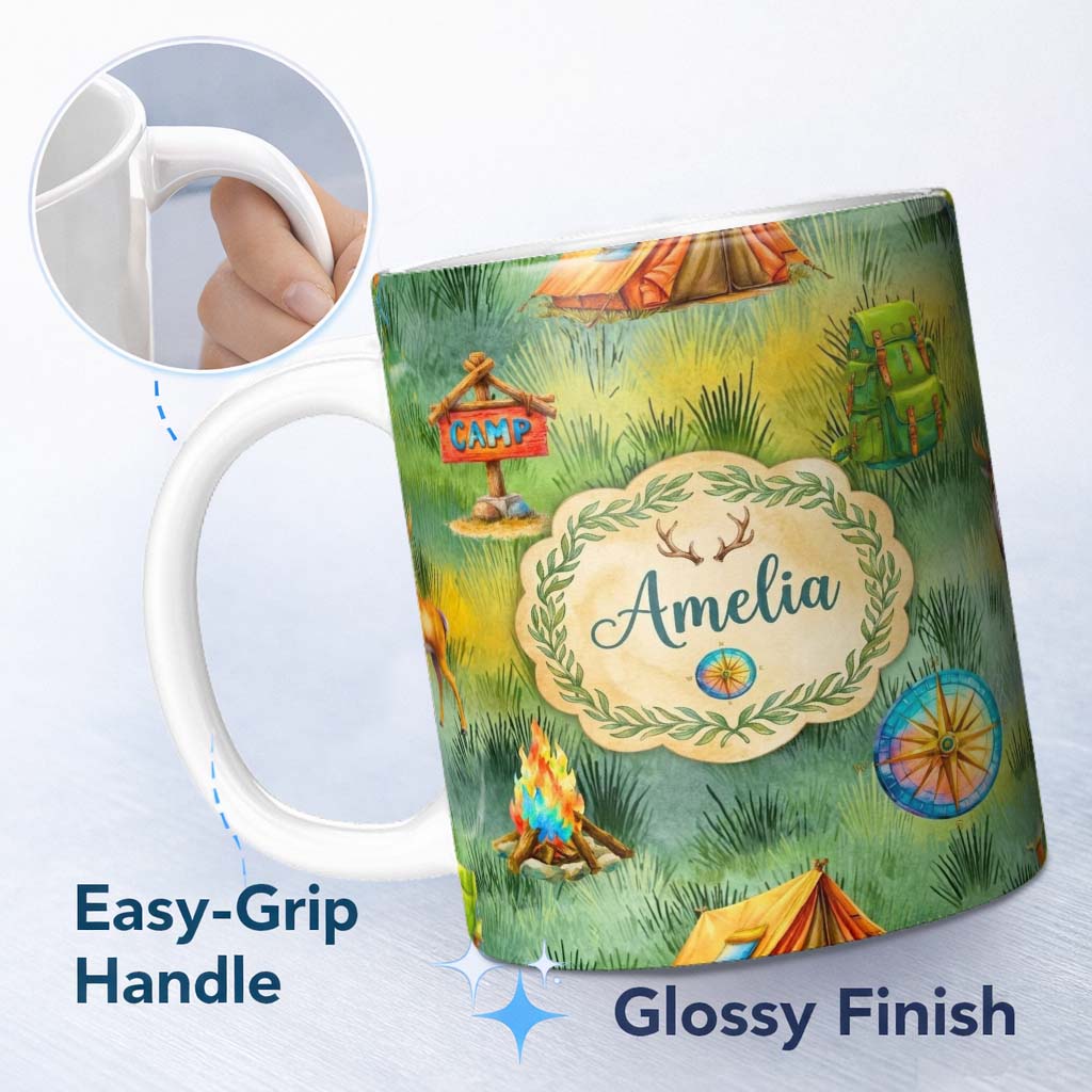 Personalized Custom Name Camping Adventure Gear Watercolor Seamless Pattern Cute Unique Gift 11oz Ceramic Coffee Tea Mug White Large Handle