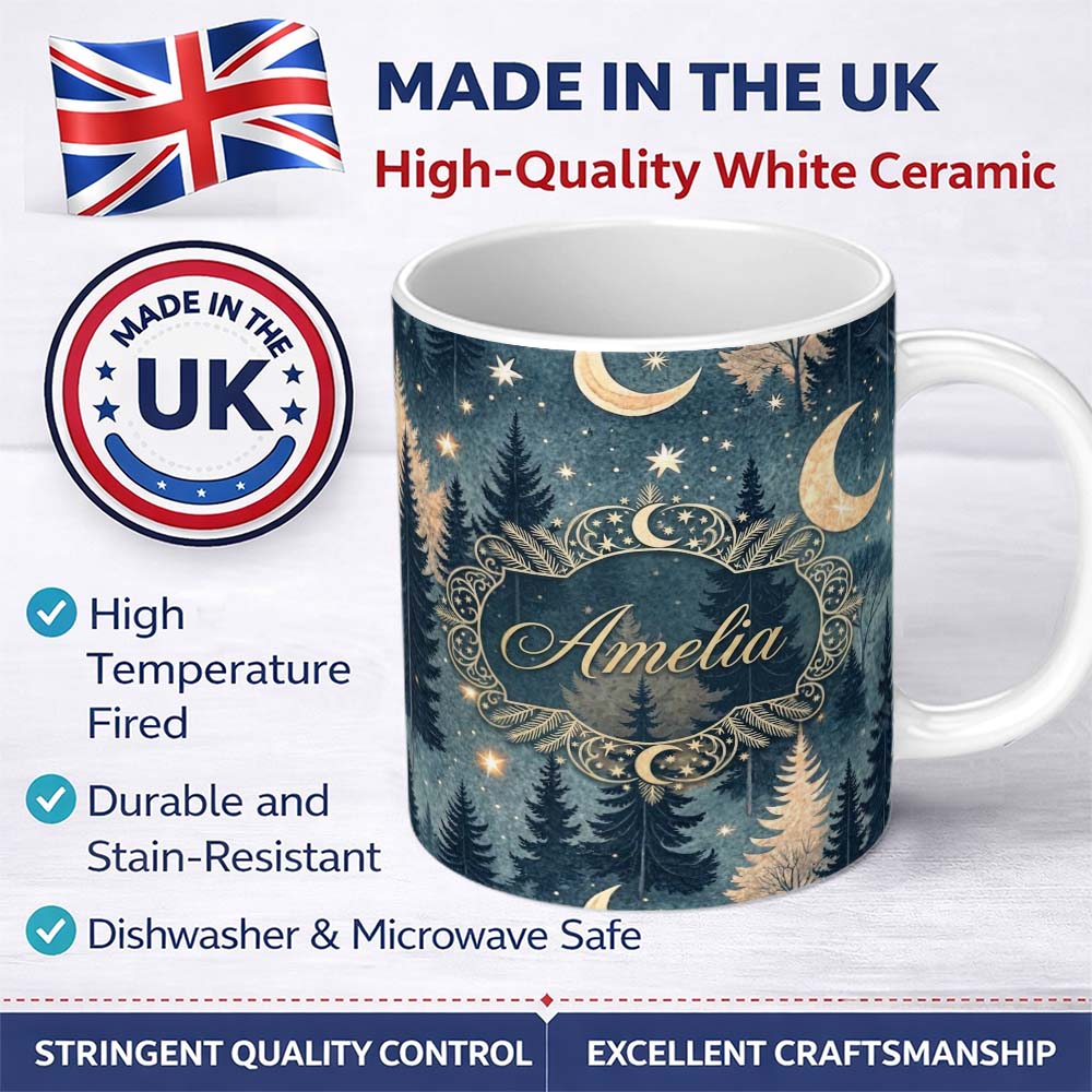 Personalized Custom Name Celestial Leaves Moon Stars Night Sky Seamless Pattern Lovely 11oz Ceramic Coffee Tea Mug White Large Handle