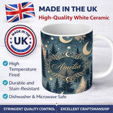 Personalized Custom Name Celestial Leaves Moon Stars Night Sky Seamless Pattern Lovely 11oz Ceramic Coffee Tea Mug White Large Handle