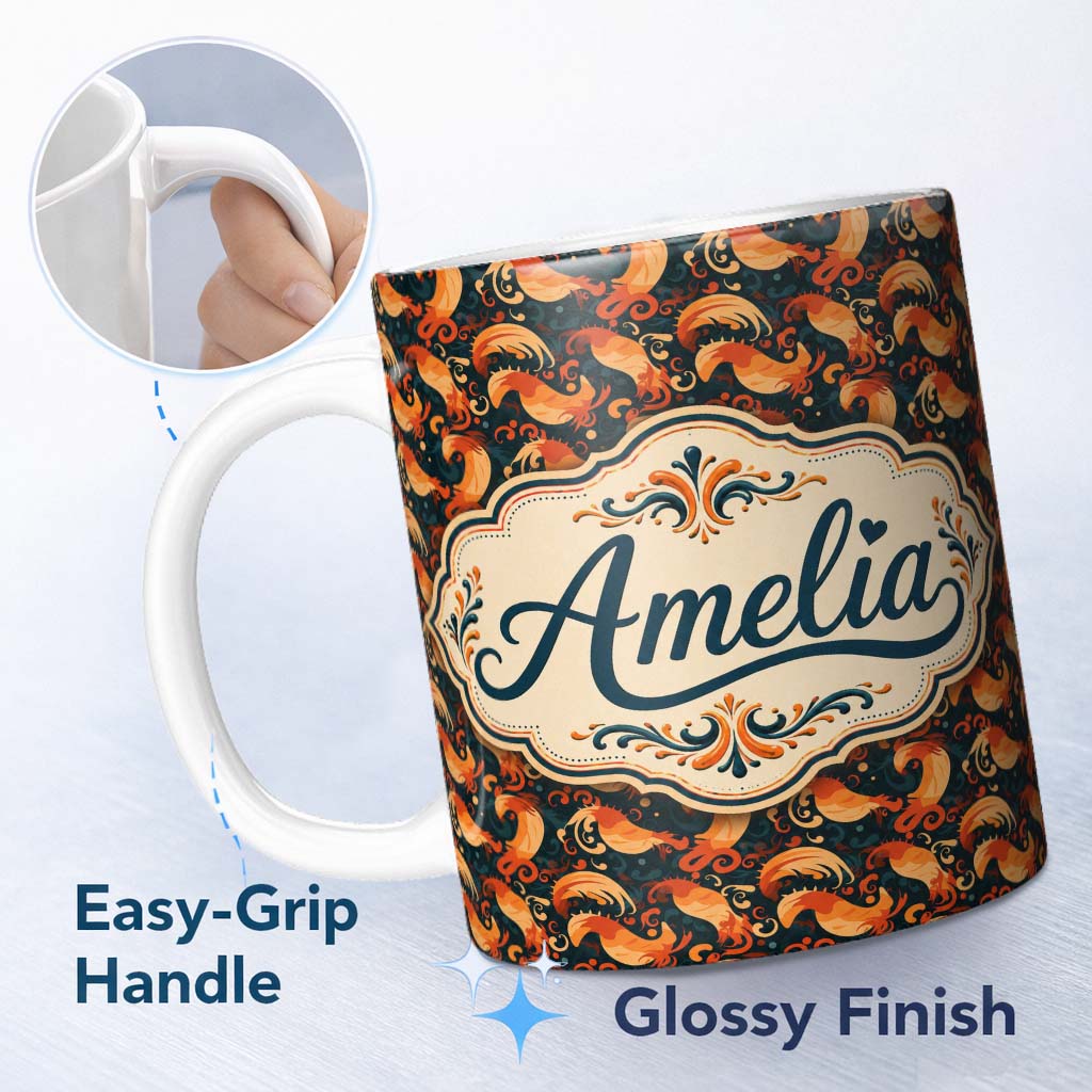 Personalized Custom Name Ornate Orange Shrimp with Decorative Swirls Dark Seamless Pattern 11oz Ceramic Coffee Tea Mug White Large Handle