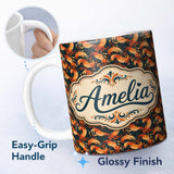 Personalized Custom Name Ornate Orange Shrimp with Decorative Swirls Dark Seamless Pattern 11oz Ceramic Coffee Tea Mug White Large Handle