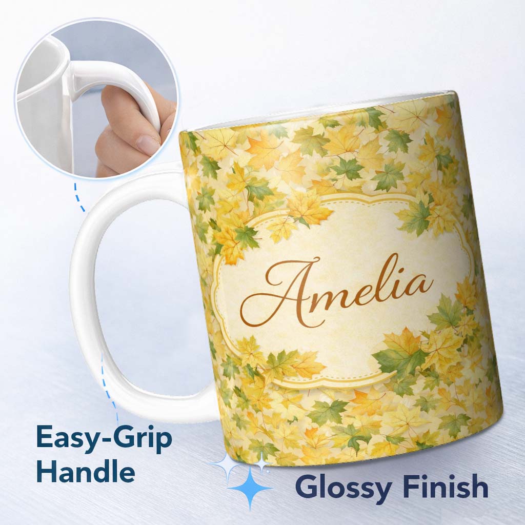 Personalized Custom Name Yellow and Green Autumn Leaf Pattern on Soft Neutral Background 11oz Ceramic Coffee Tea Mug White Large Handle