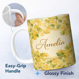 Personalized Custom Name Yellow and Green Autumn Leaf Pattern on Soft Neutral Background 11oz Ceramic Coffee Tea Mug White Large Handle