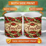 Personalized Custom Name Bold Red Tomatoes with Basil Leaves Vintage Kitchen Garden Pattern 11oz Ceramic Coffee Tea Mug White Large Handle