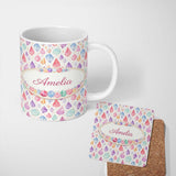 Personalized Custom Name Soft Pastel Gemstone Seamless Light Background Watercolor Crystal 11oz Ceramic Coffee Tea Mug White Large Handle