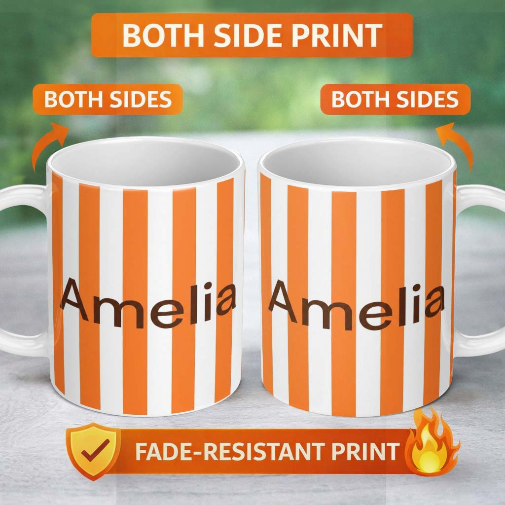 Personalized Custom Name Simple Orange And White Vertical Stripe Seamless Pattern Minimal 11oz Ceramic Coffee Tea Mug White Large Handle
