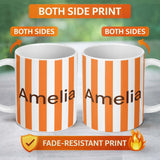 Personalized Custom Name Simple Orange And White Vertical Stripe Seamless Pattern Minimal 11oz Ceramic Coffee Tea Mug White Large Handle