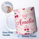 Personalized Custom Name Cute Cherry and Daisy Flowers with Pink Ribbon Bows Soft Pink Lovely 11oz Ceramic Coffee Tea Mug White Large Handle