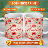 Personalized Custom Name Dreamy Red Poppy Flowers with Paint Drip Effect Seamless Pattern 11oz Ceramic Coffee Tea Mug White Large Handle