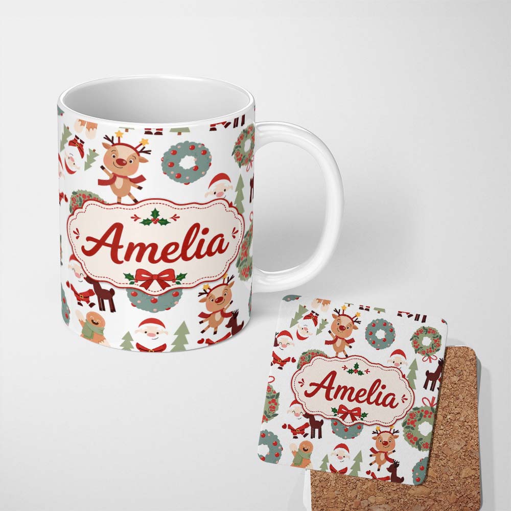 Personalized Custom Name Cute Reindeer Santa Wreath Gingerbread Christmas Seamless Pattern 11oz Ceramic Coffee Tea Mug White Large Handle