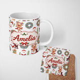 Personalized Custom Name Cute Reindeer Santa Wreath Gingerbread Christmas Seamless Pattern 11oz Ceramic Coffee Tea Mug White Large Handle
