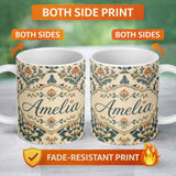 Personalized Custom Name Classic Ornamental Damask Floral Symmetry Seamless Pattern Lovely 11oz Ceramic Coffee Tea Mug White Large Handle