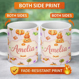 Personalized Custom Name Cute Candy Pumpkin Characters Pink Background Seamless Pattern UK 11oz Ceramic Coffee Tea Mug White Large Handle