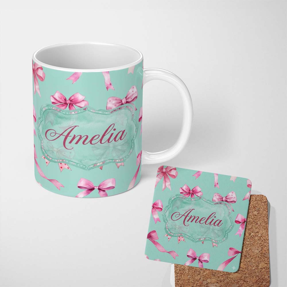 Personalized Custom Name Watercolor Pink Ribbon Bow Seamless Pattern on Teal Background 11oz Ceramic Coffee Tea Mug White Large Handle