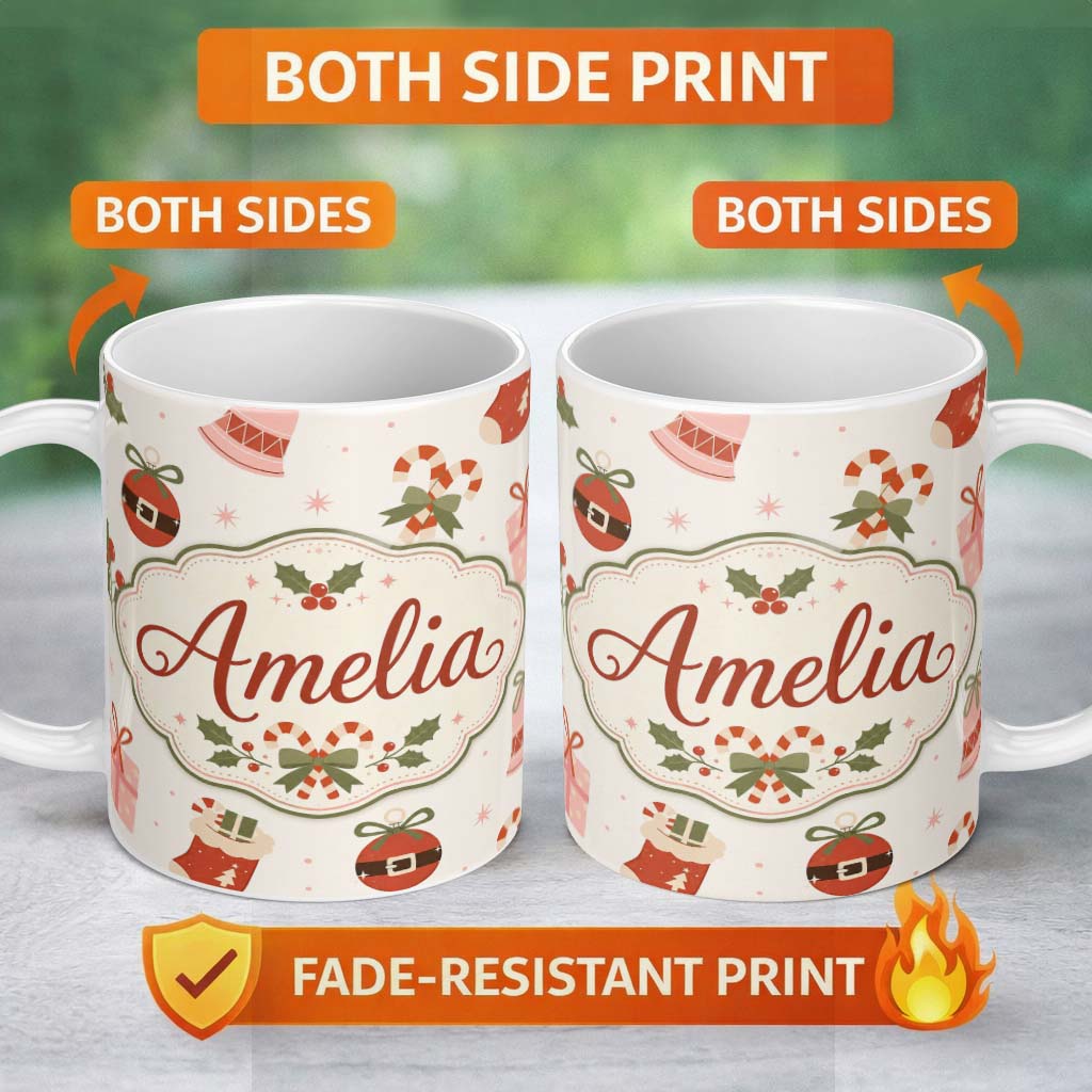 Personalized Custom Name Cute Christmas Stocking Candy Cane Bells Festive Seamless Pattern 11oz Ceramic Coffee Tea Mug White Large Handle