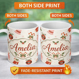Personalized Custom Name Cute Christmas Stocking Candy Cane Bells Festive Seamless Pattern 11oz Ceramic Coffee Tea Mug White Large Handle