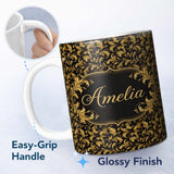 Personalized Custom Name Black Gold Baroque Floral Seamless Pattern Luxury Vintage Ornamental 11oz Ceramic Coffee Tea Mug White Large Handle