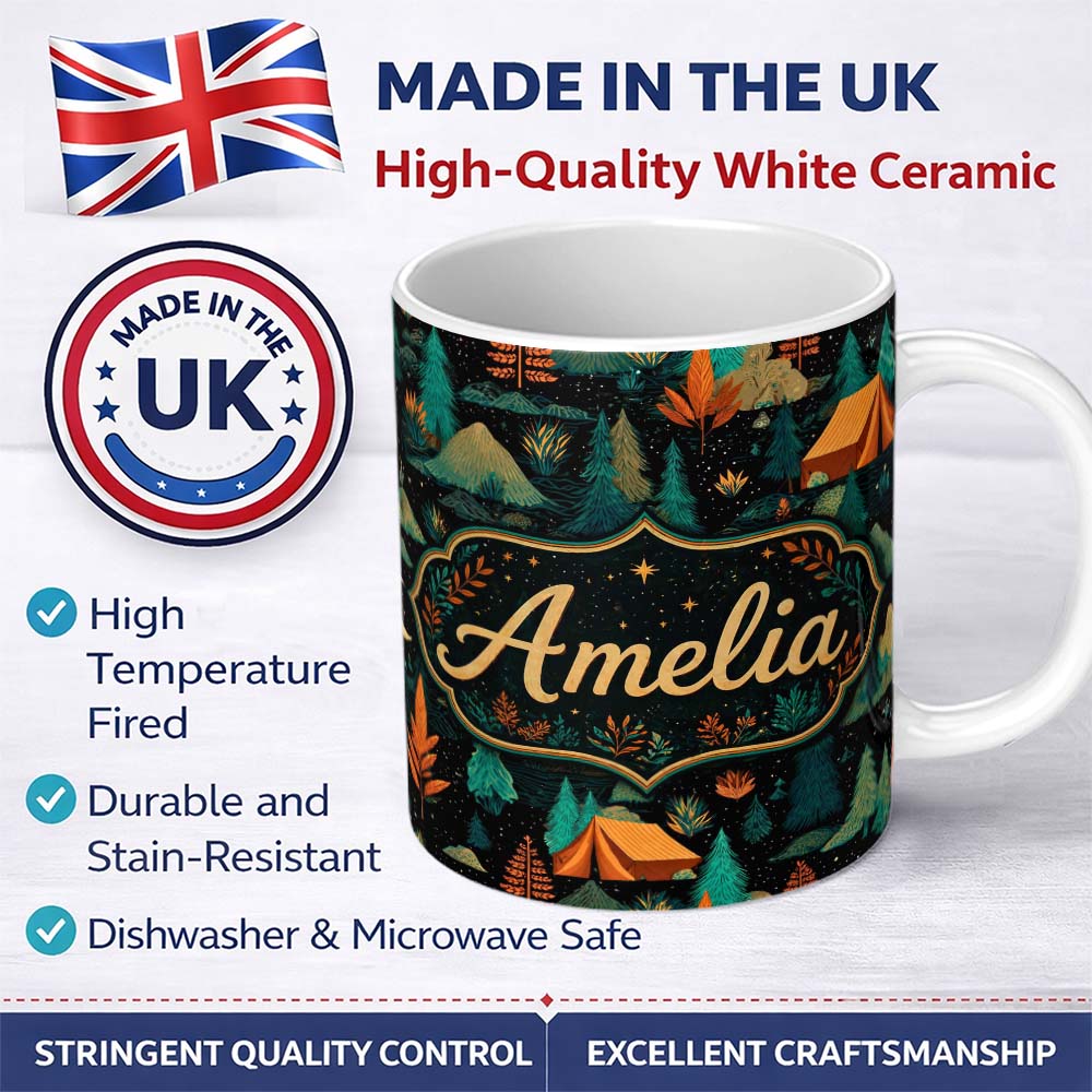 Personalized Custom Name Stylized Forest Trees Nature Seamless Pattern Beautiful Coffee Cup 11oz Ceramic Coffee Tea Mug White Large Handle