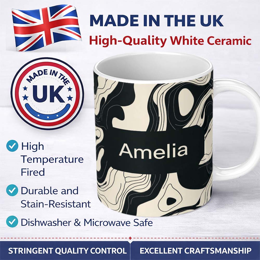 Personalized Custom Name Layered Terrain Waves Black Grey Abstract Landscape Pattern Lovely 11oz Ceramic Coffee Tea Mug White Large Handle