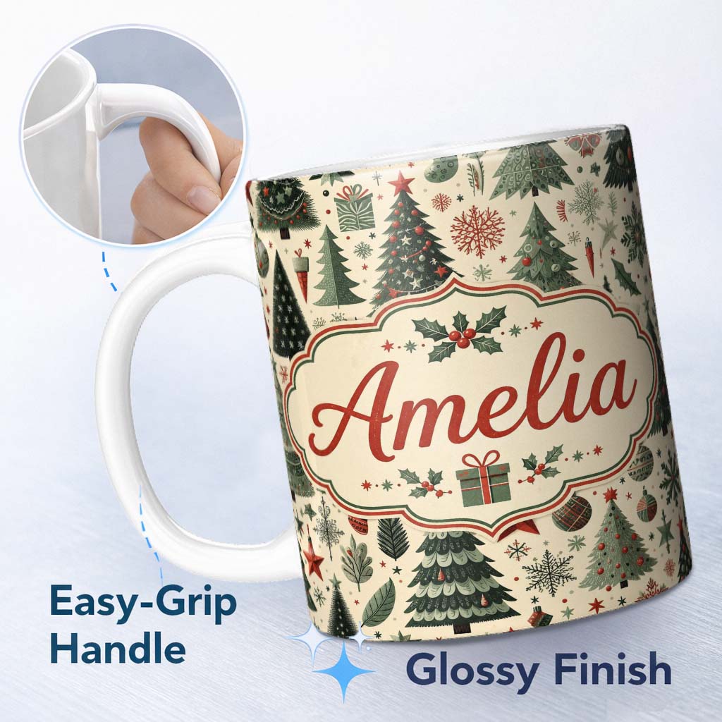 Personalized Custom Name Festive Christmas Tree Gift Ornament Holiday Seamless Pattern Lovely 11oz Ceramic Coffee Tea Mug White Large Handle