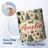 Personalized Custom Name Festive Christmas Tree Gift Ornament Holiday Seamless Pattern Lovely 11oz Ceramic Coffee Tea Mug White Large Handle