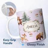 Personalized Custom Name Bear Bunny Deer Squirrel Trees Mushrooms Butterfly Soft Lilac 11oz Ceramic Coffee Tea Mug White Large Handle