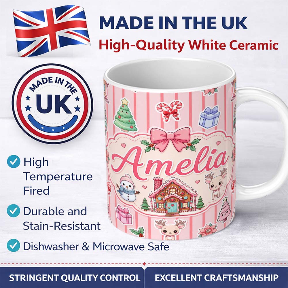 Personalized Custom Name Christmas Festive Stickers Gingerbread House Tree Soft Pink Stripe 11oz Ceramic Coffee Tea Mug White Large Handle