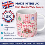 Personalized Custom Name Christmas Festive Stickers Gingerbread House Tree Soft Pink Stripe 11oz Ceramic Coffee Tea Mug White Large Handle