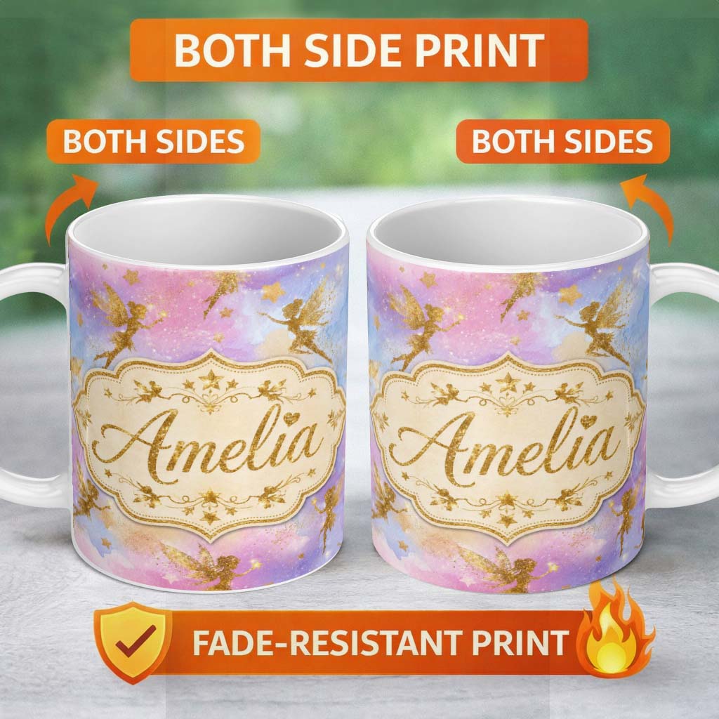 Personalized Custom Name Magical Gold Fairy Silhouettes with Stars on Watercolor Sky Lovely 11oz Ceramic Coffee Tea Mug White Large Handle