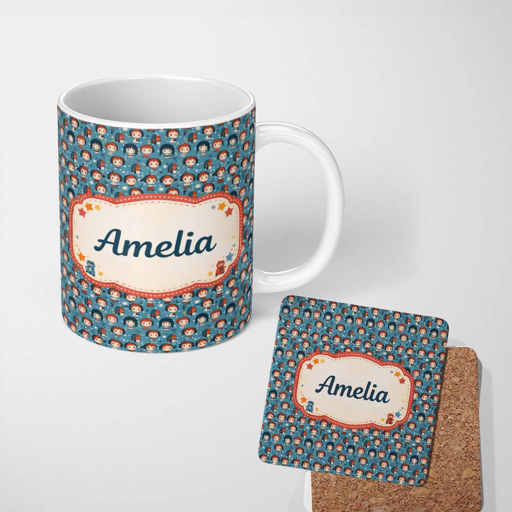 Personalized Custom Name Cartoon Kids Blue Background Pattern Cute Character Design Lovely 11oz Ceramic Coffee Tea Mug White Large Handle