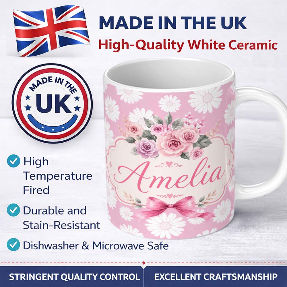 Personalized Custom Name White Daisy Floral Pattern on Dusty Rose Background Seamless Pattern 11oz Ceramic Coffee Tea Mug White Large Handle
