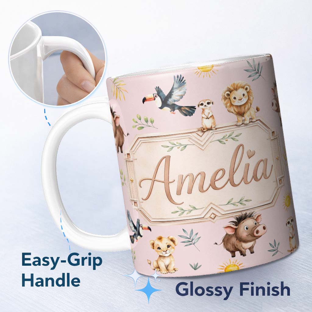 Personalized Custom Name Jungle Animals Lion Meerkat Toucan Boar on Dusty Pink Seamless 11oz Ceramic Coffee Tea Mug White Large Handle