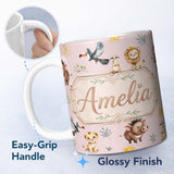 Personalized Custom Name Jungle Animals Lion Meerkat Toucan Boar on Dusty Pink Seamless 11oz Ceramic Coffee Tea Mug White Large Handle