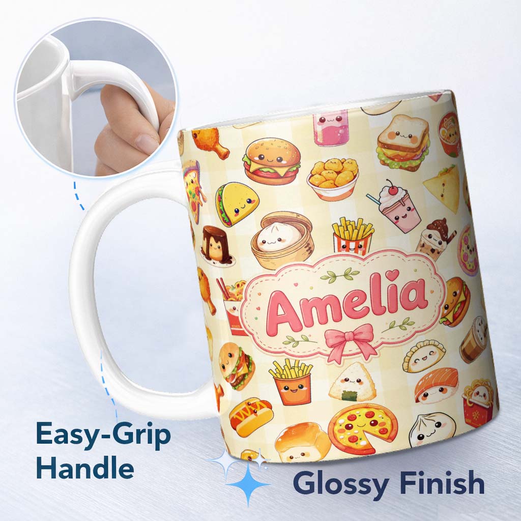 Personalized Custom Name Kawaii Fast Food Burger Sushi Taco Pizza Yellow Gingham Seamless 11oz Ceramic Coffee Tea Mug White Large Handle