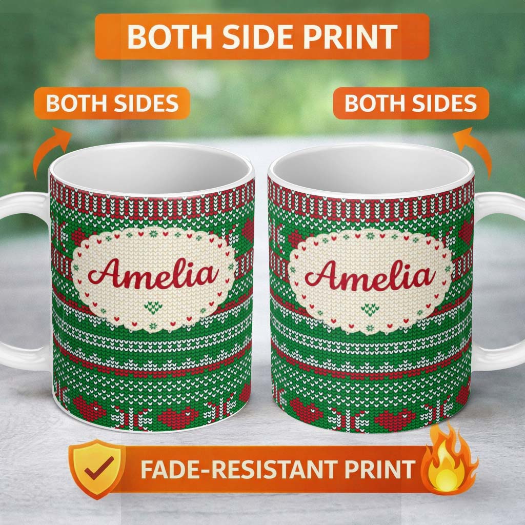 Personalized Custom Name Green Red White Classic Nordic Knit Stripe Seamless Pattern Lovely 11oz Ceramic Coffee Tea Mug White Large Handle