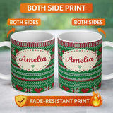 Personalized Custom Name Green Red White Classic Nordic Knit Stripe Seamless Pattern Lovely 11oz Ceramic Coffee Tea Mug White Large Handle