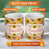 Personalized Custom Name Bright Yellow Sunflower Pink Background Seamless Pattern Name Cute 11oz Ceramic Coffee Tea Mug White Large Handle