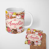 Personalized Custom Name Cute Kawaii Food Characters Seamless Pattern Cream Background Fun 11oz Ceramic Coffee Tea Mug White Large Handle