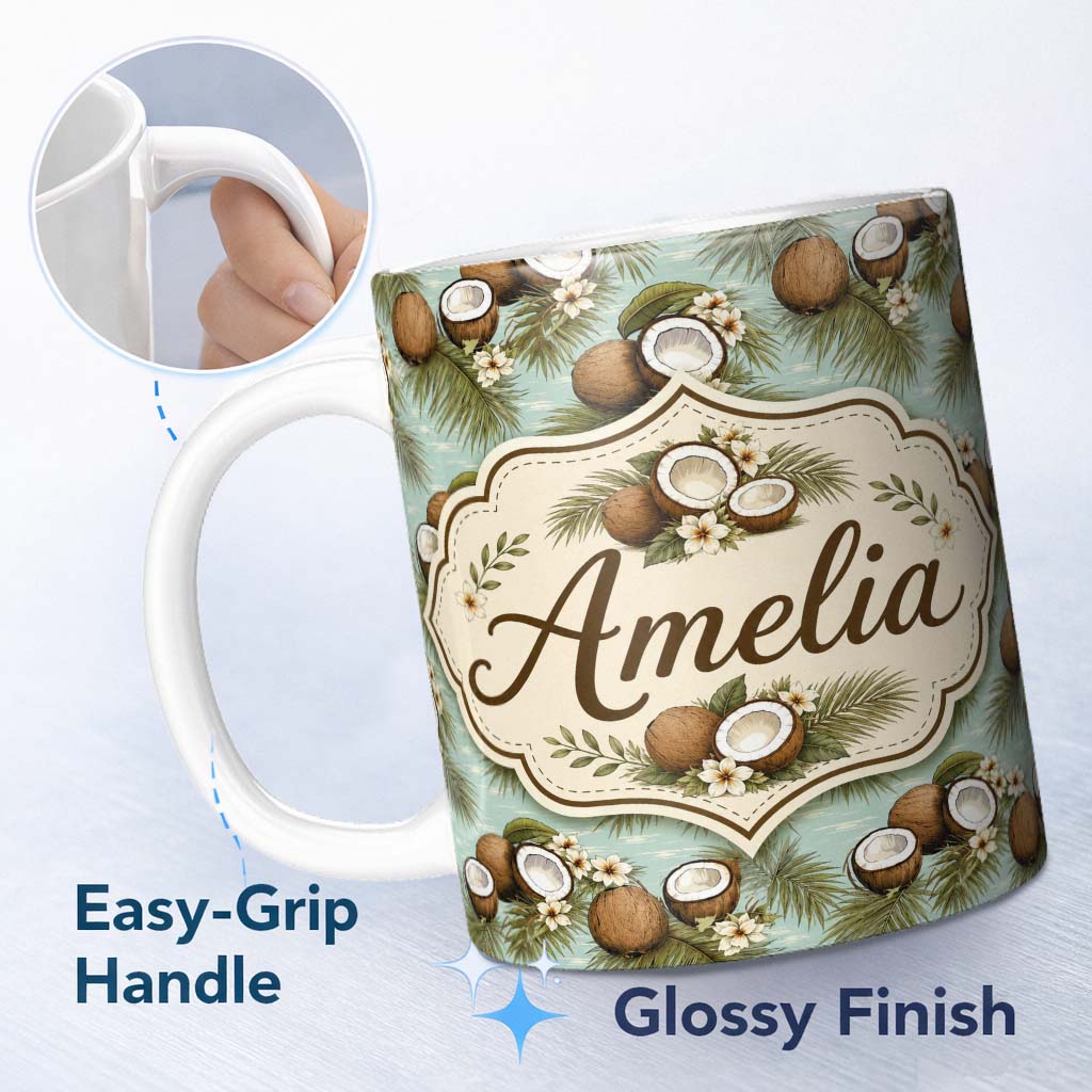 Personalized Custom Name Tropical Coconuts Palm Leaves and White Flowers on Soft Blue Beach 11oz Ceramic Coffee Tea Mug White Large Handle