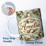Personalized Custom Name Tropical Coconuts Palm Leaves and White Flowers on Soft Blue Beach 11oz Ceramic Coffee Tea Mug White Large Handle
