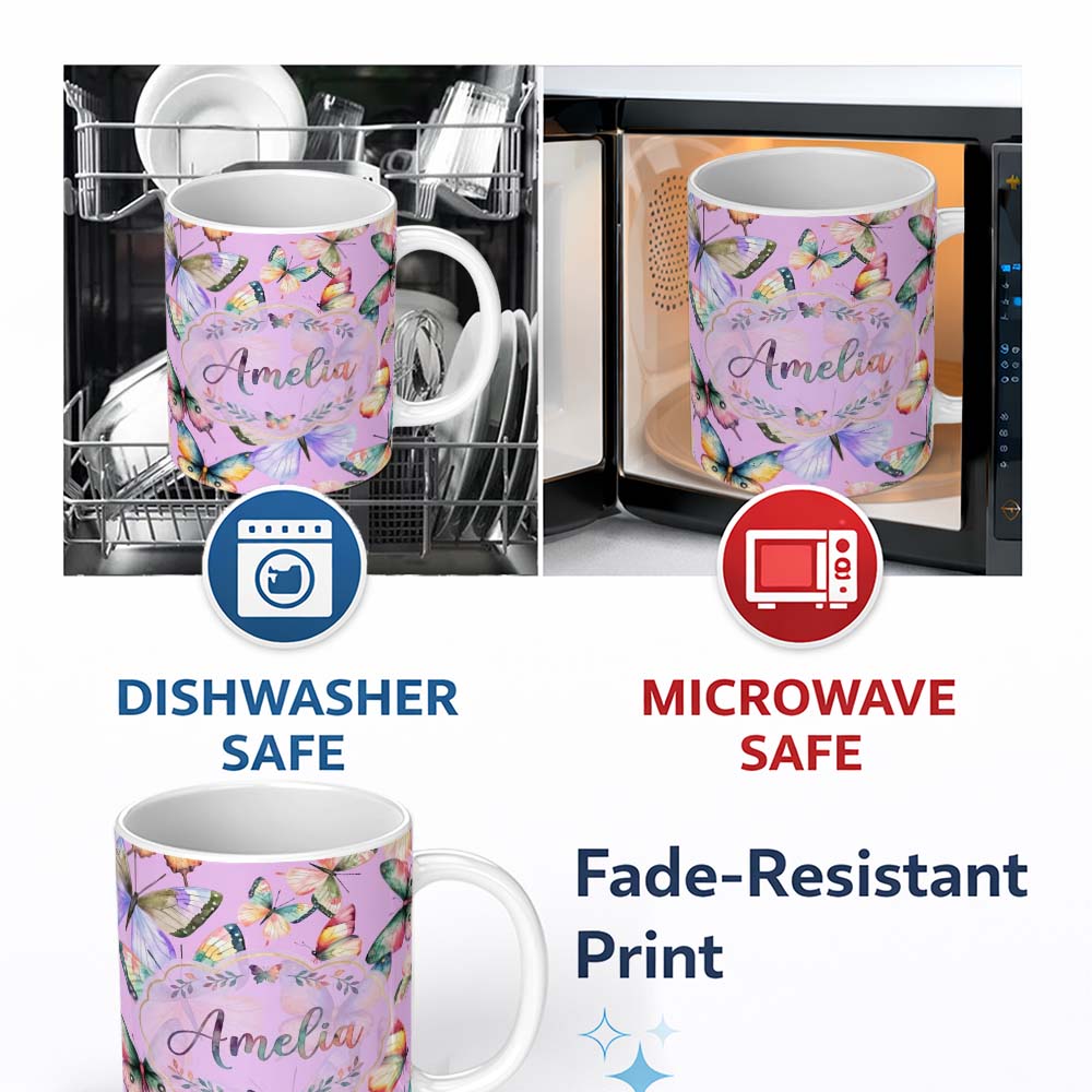 Personalized Custom Name Pastel Watercolor Butterflies Lavender Background Seamless Pattern 11oz Ceramic Coffee Tea Mug White Large Handle