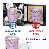 Personalized Custom Name Pastel Watercolor Butterflies Lavender Background Seamless Pattern 11oz Ceramic Coffee Tea Mug White Large Handle