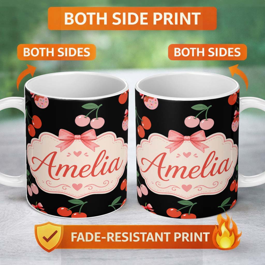 Personalized Custom Name Cute Cherry Fruit with Bow and Sprinkles Seamless Pattern Black 11oz Ceramic Coffee Tea Mug White Large Handle