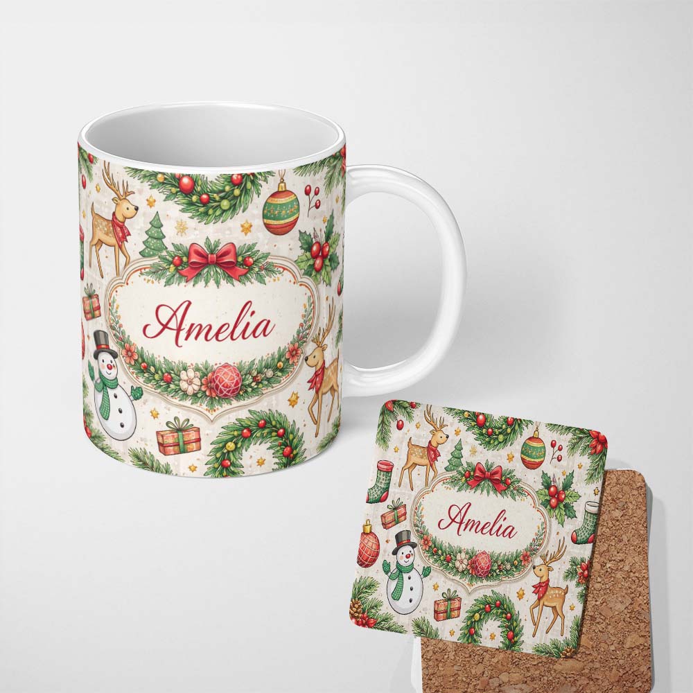 Personalized Custom Name Classic Christmas Plaid Tree Reindeer Seamless Pattern Lovely 11oz Ceramic Coffee Tea Mug White Large Handle