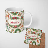 Personalized Custom Name Classic Christmas Plaid Tree Reindeer Seamless Pattern Lovely 11oz Ceramic Coffee Tea Mug White Large Handle